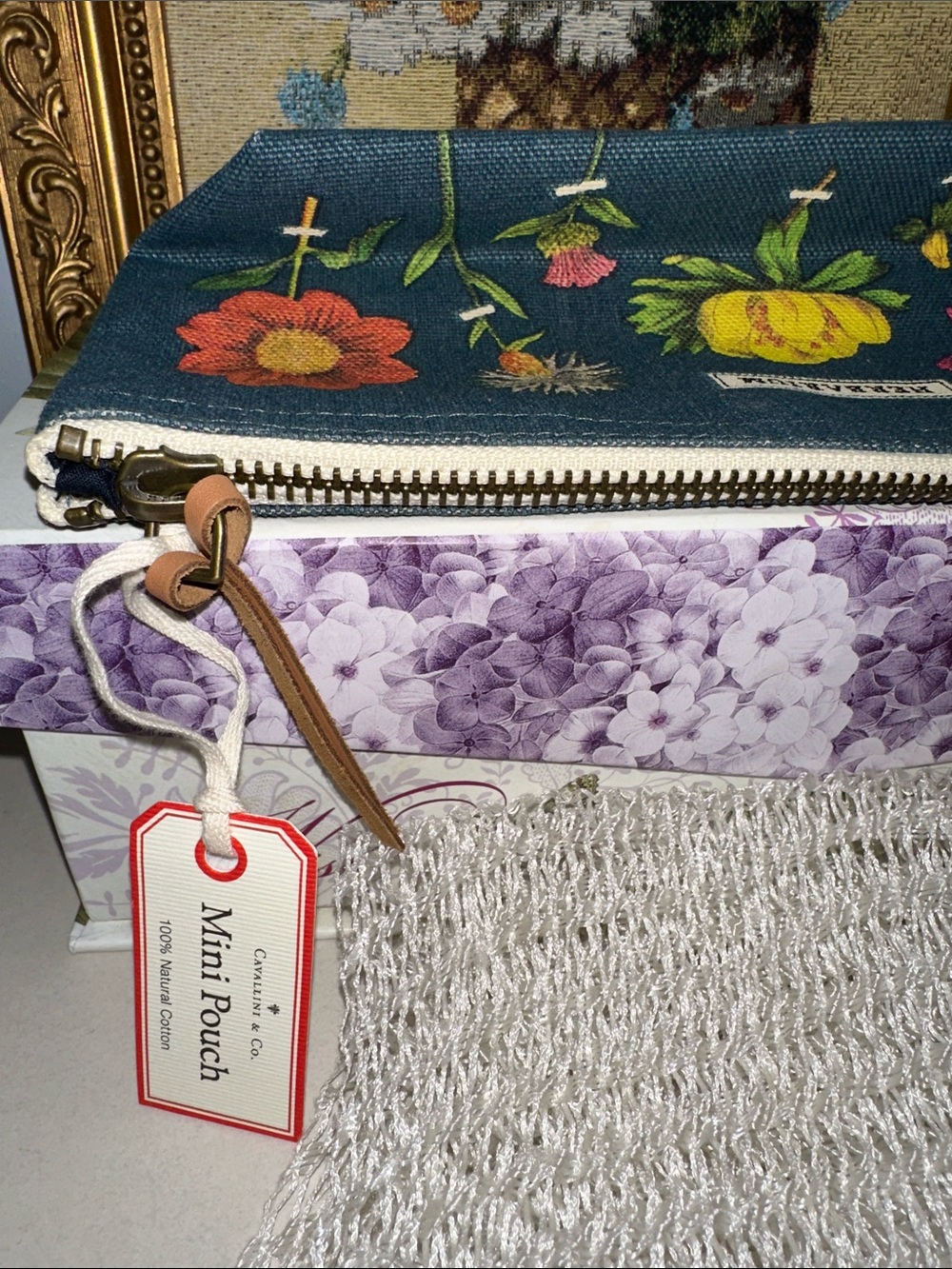 Cavallini & Co HERBARIUM natural blue pink green vintage mini pouch 100% cotton - Picture 7 of 9